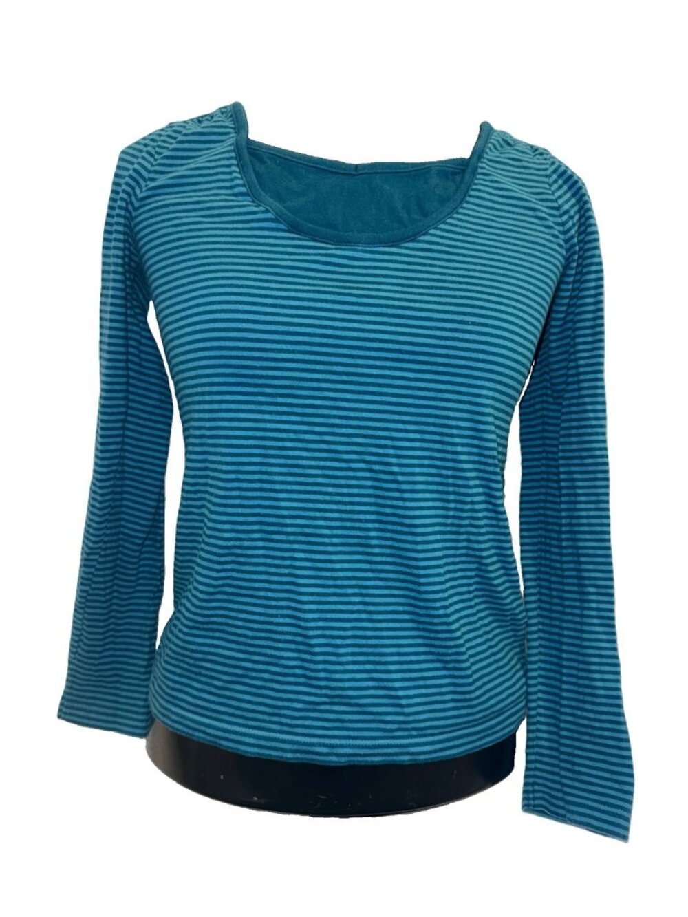 Bossini Striped Long Sleeve Top Shirt Womens XS Fitted Cotton Blue Green Pullove